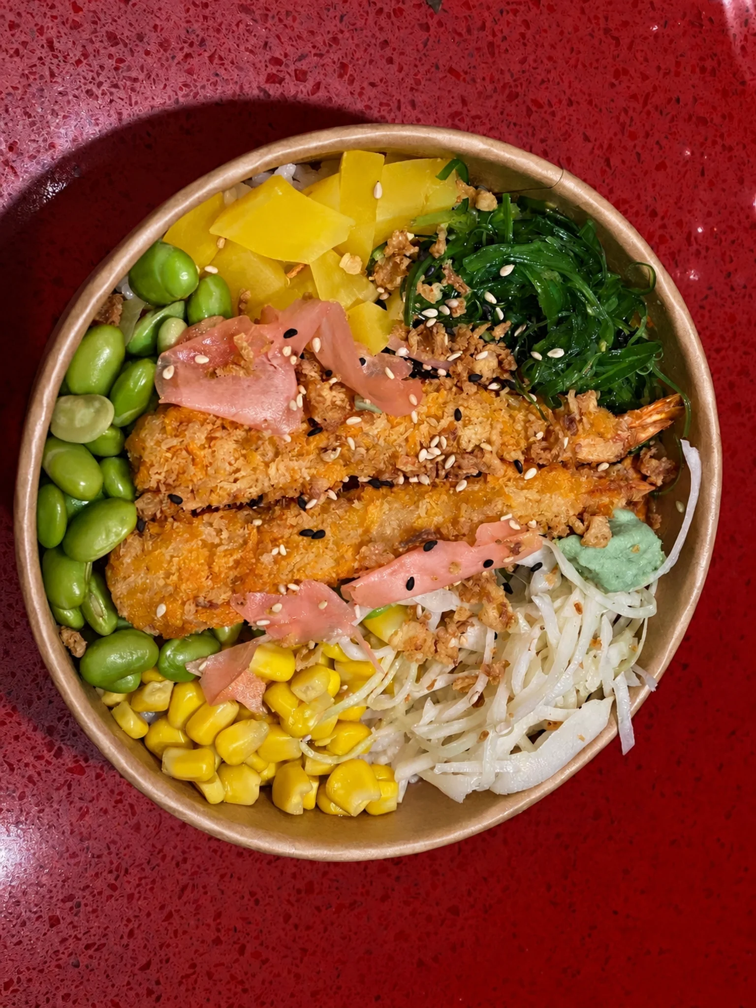 Dish in a bowl on a red table