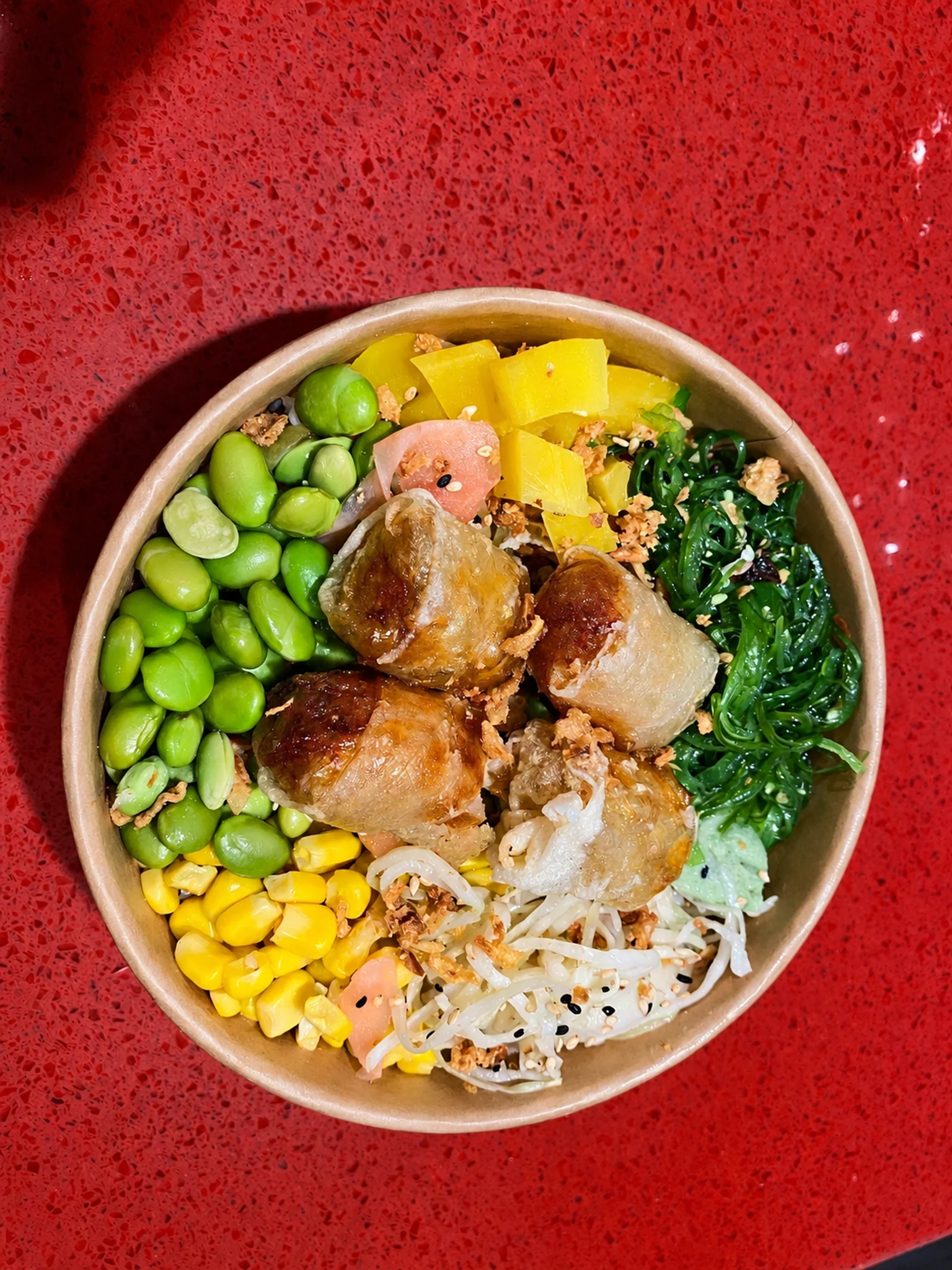 Dish in a bowl on a red table